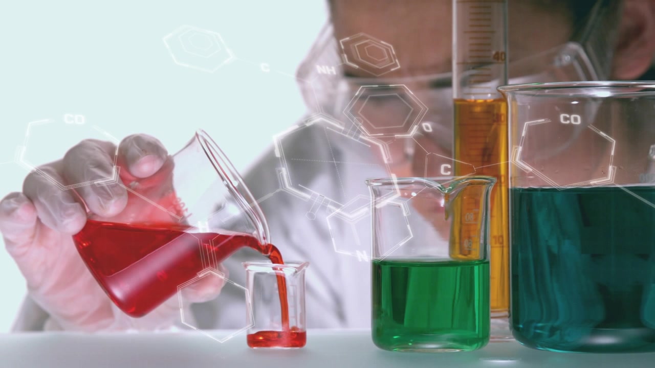 Animation of chemical formulas over caucasian female lab worker with reagents