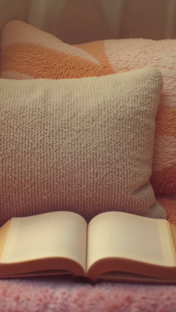 Vertical video: Showing open book on pink blanket, with knit pillow and orange pillow in corner