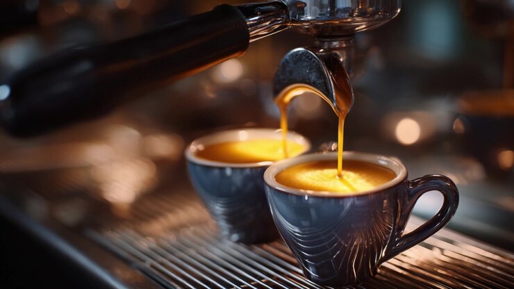 Espresso ricco e vellutato che si versa dalla macchina da caffè in eleganti tazze, catturando il caldo bagliore del caffè appena fatto in un accogliente ambiente da caffè.