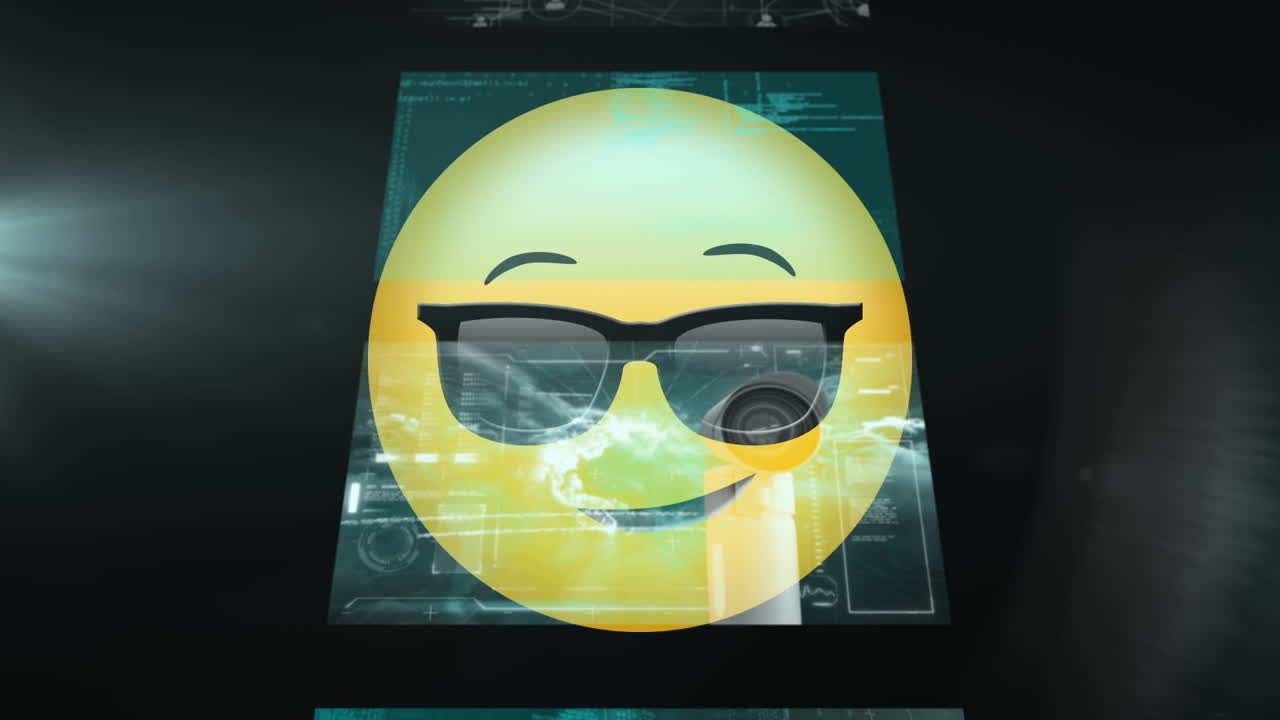 Animation of sunglasses emoji icon over moving screens on black background