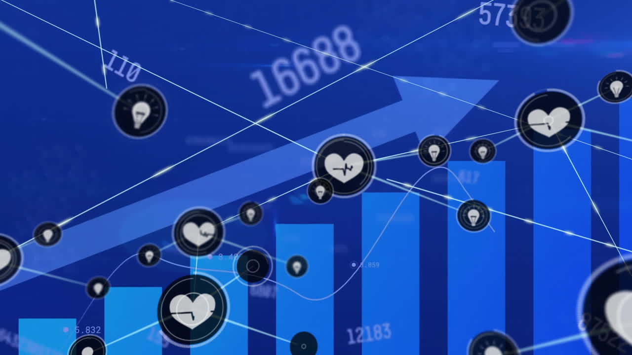 아이콘으로 연결된 네트워크를 통해 금융 데이터 처리의 애니메이션