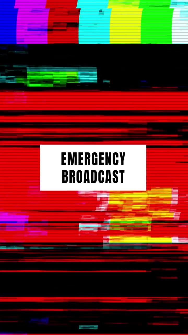 Emergency Broadcast Text Overlay on Distorted Television Glitch Background