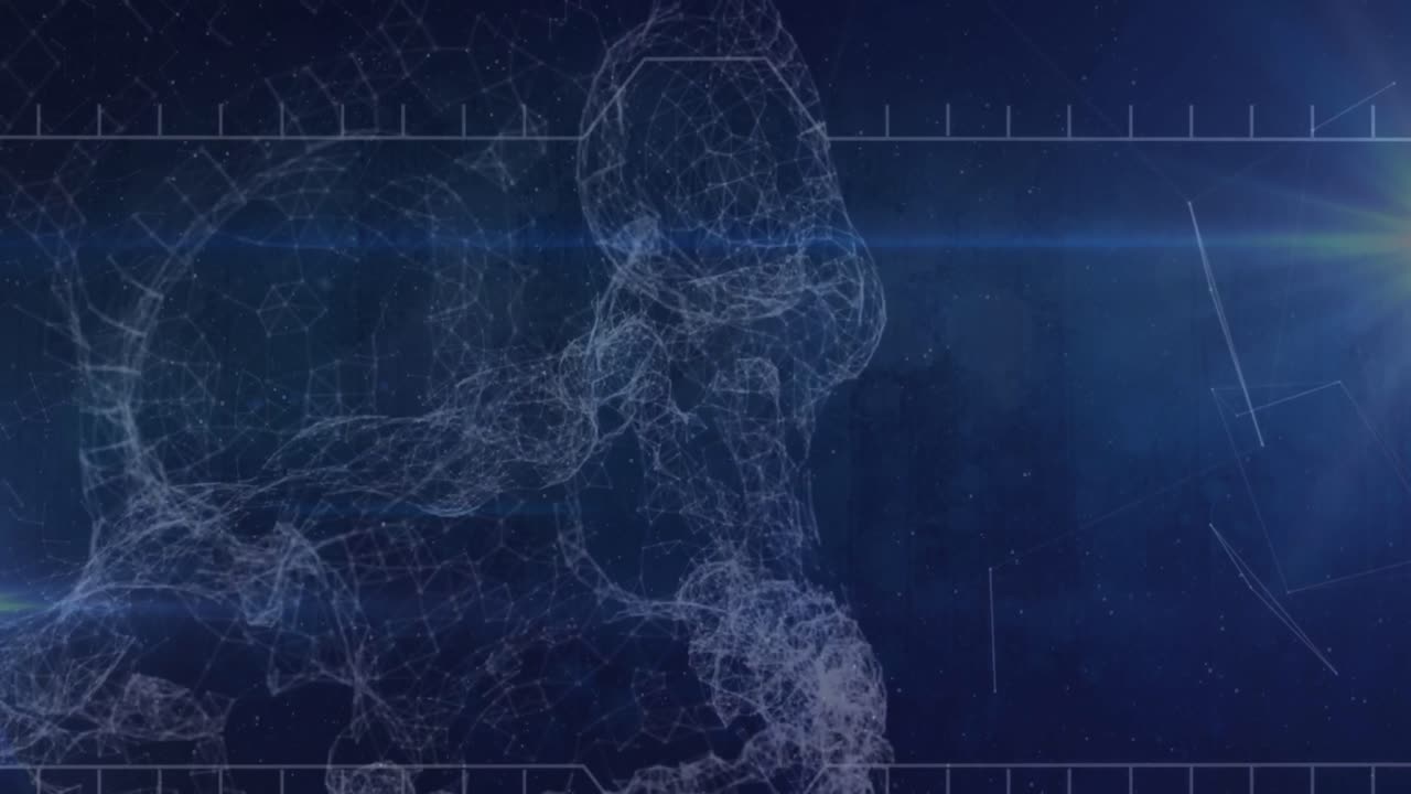 인간의 두개골과 파란색 배경에 빛의 반점이 형성되는 연결망