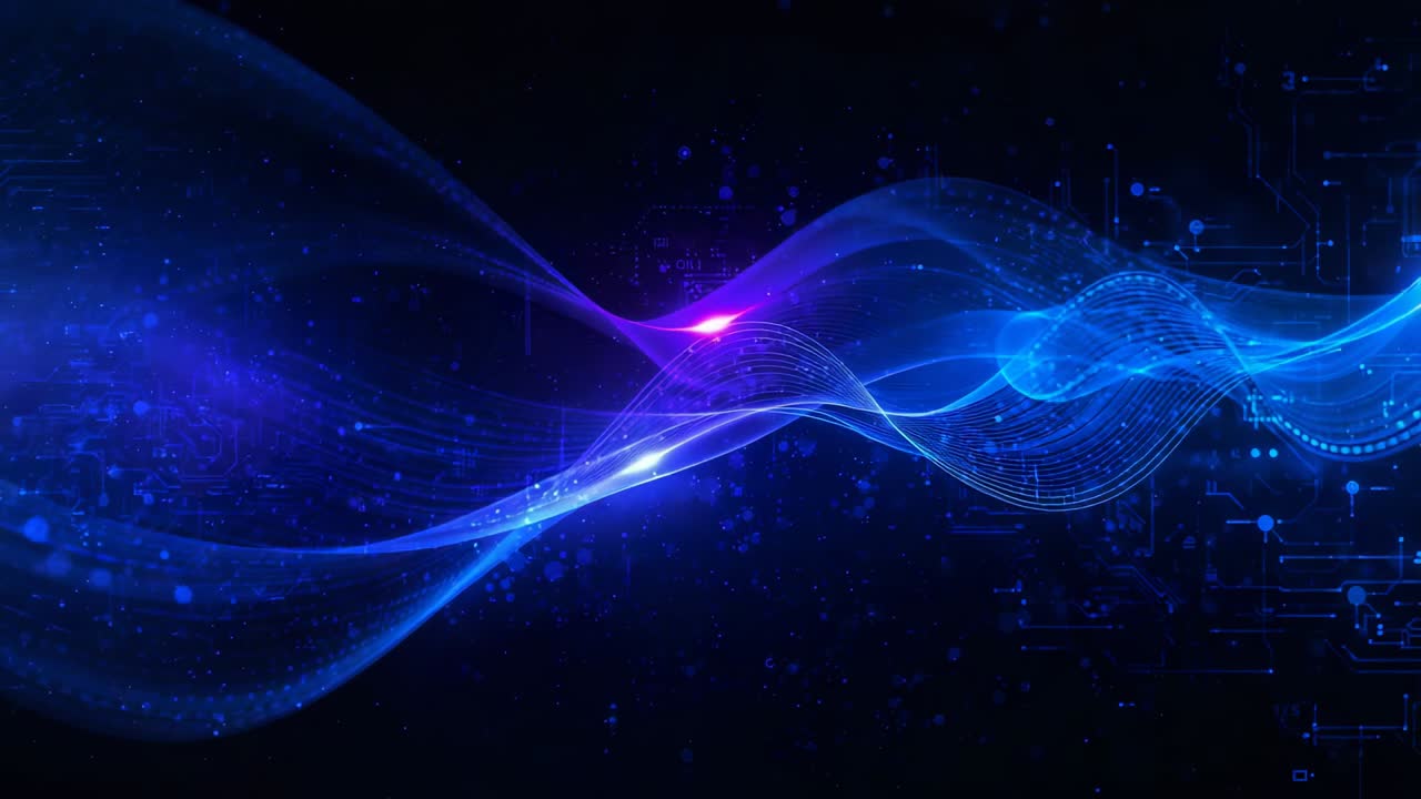 Emerging left, two ribbons sweeping right across dark tech backdrop, flaring over nodes and specks