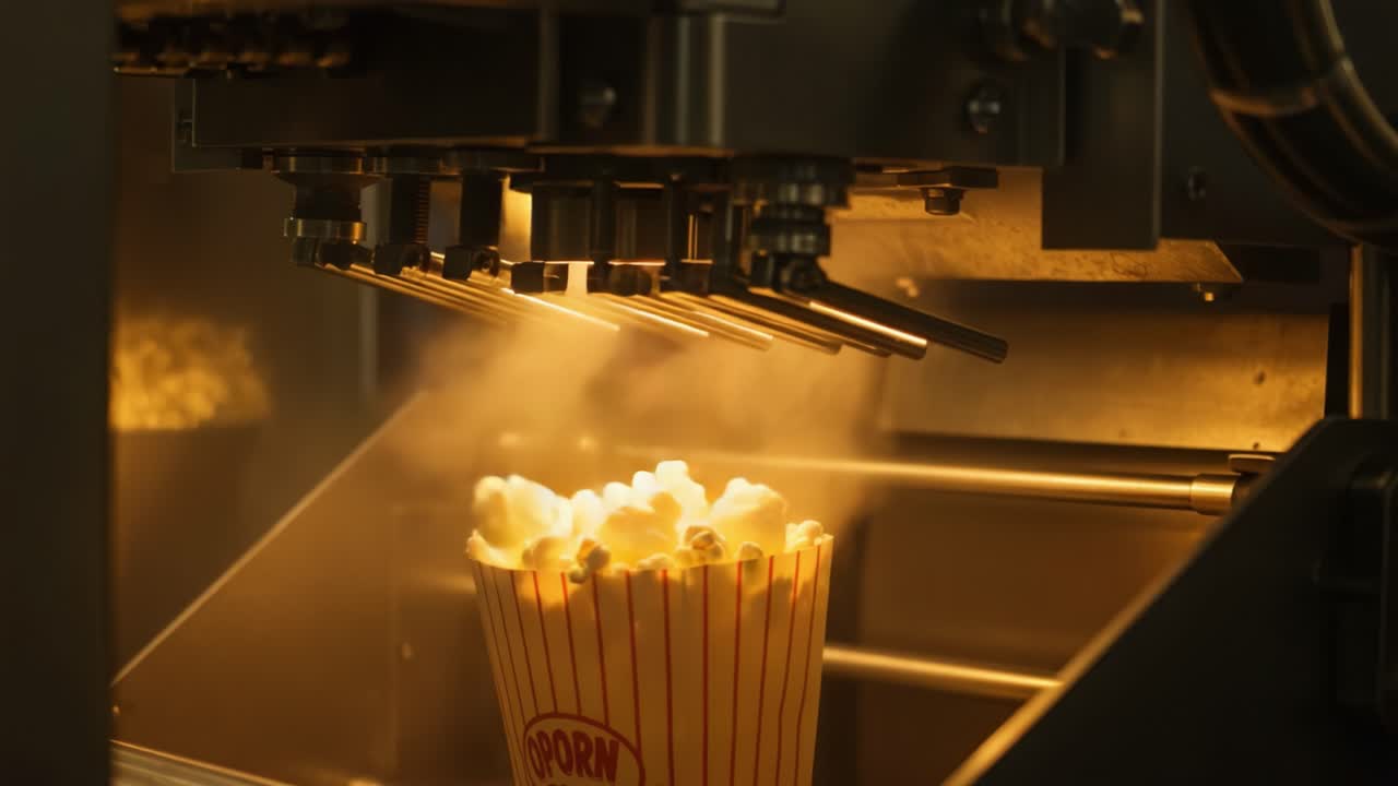 A Freshly Prepared Batch of Popcorn Being Served from a Movie Theatre Machine with Steam Emitting, Creating an Irresistible Aroma and Perfectly Cooked Kernels