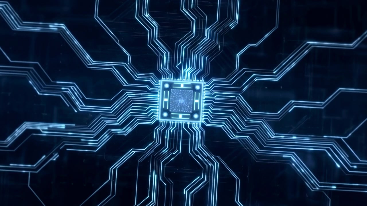 Futuristic microchip centered in a dark digital network with glowing blue circuit lines spreading outward in a symmetrical abstract technology scene