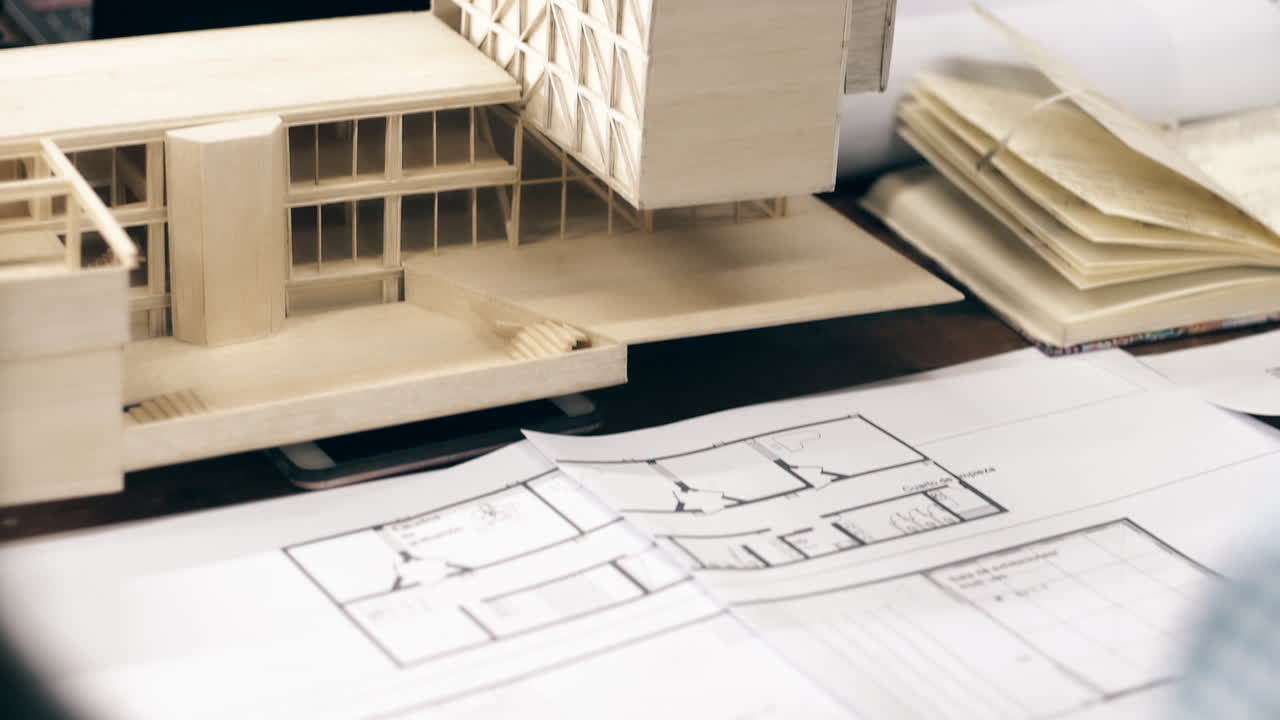 Architectural Model and Blueprints with Designers Working