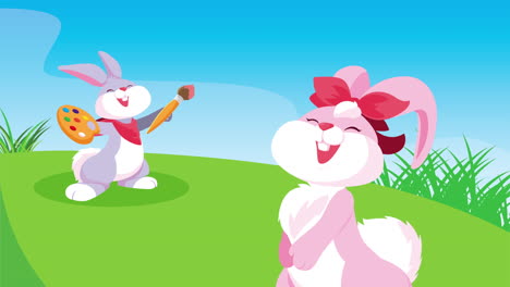 feliz tarjeta de pascua con conejos pareja en el campamento