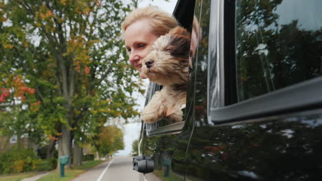 woman and dog lean out of car window