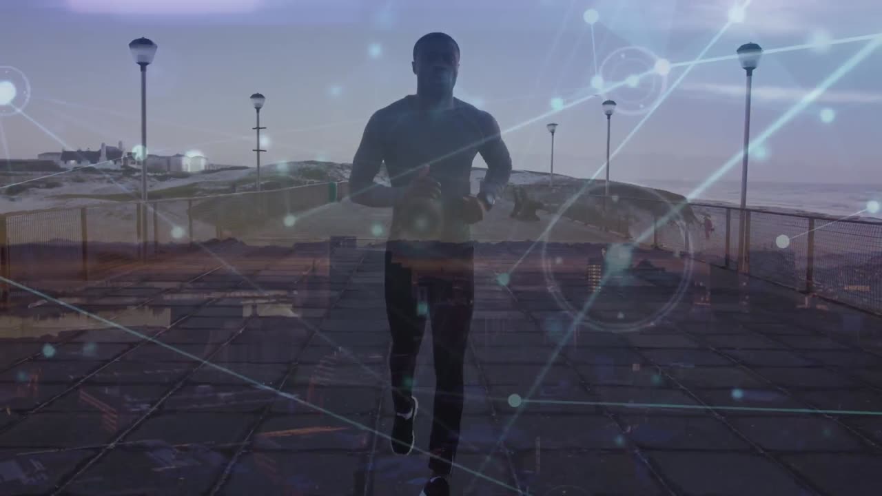 animación de una red de conexiones sobre un hombre afroamericano corriendo por el paseo marítimo