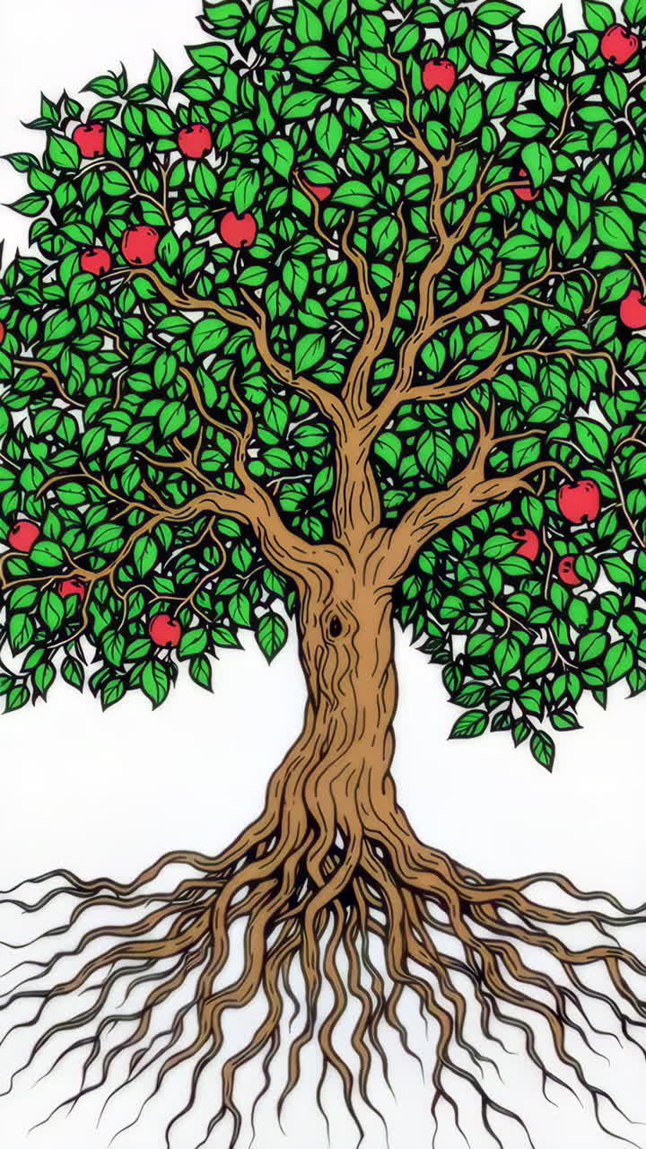 Stylized Apple Tree with Roots and Red Apples