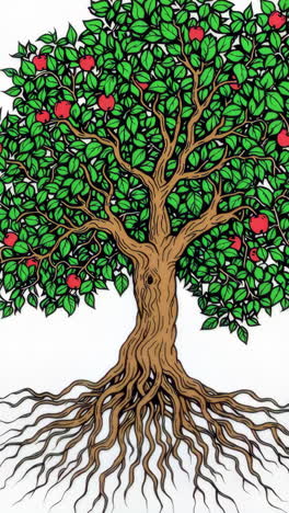 stylized apple tree with roots and red apples