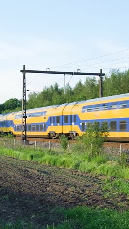 yellow and blue train passing through countryside