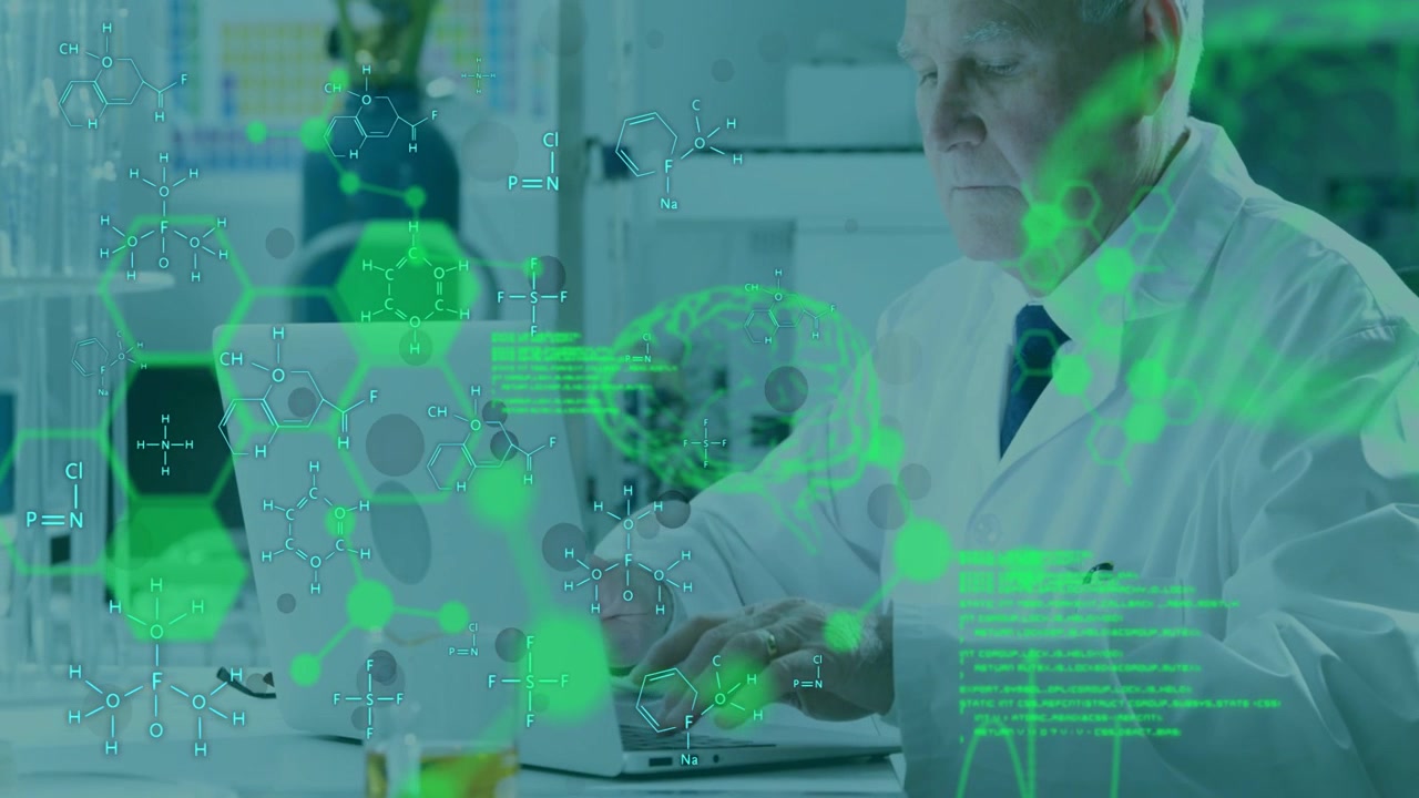 Vertical video: Scientist typing at laptop causing green code layers across lab and screen for data