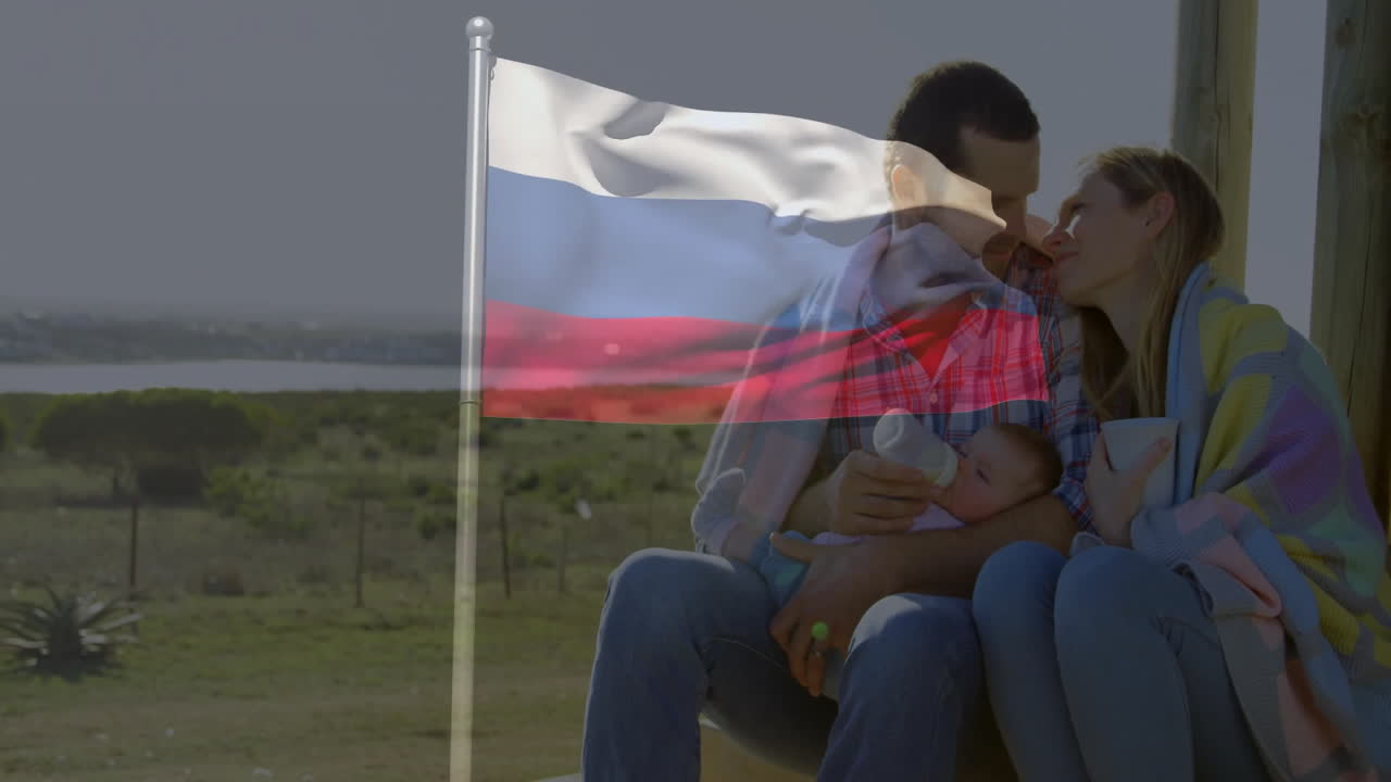 Sitting outdoors, couple with Russian flag overlaying scene in animation