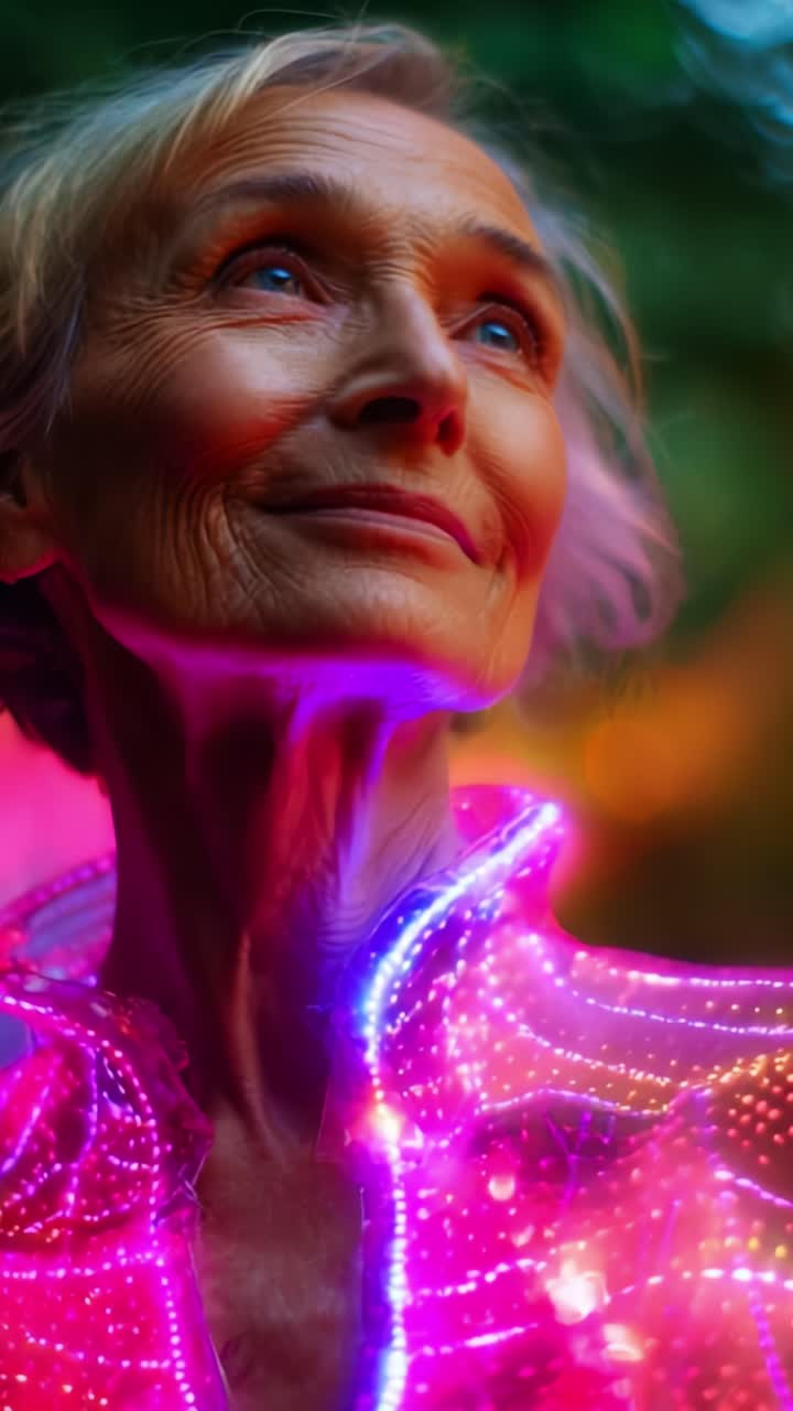 Un'anziana luminescente che celebra la bellezza della luce in uno sfondo vivace e colorato, irradiando positività e meraviglia nella sua espressione