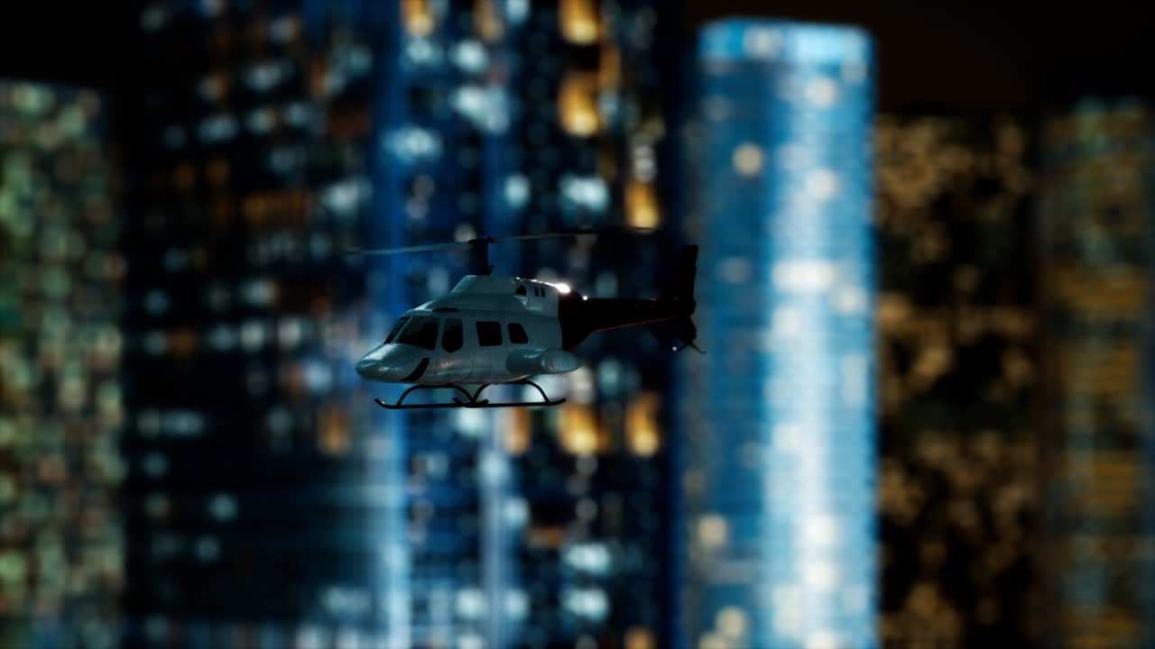 밤에 초고층 빌딩 근처에 있는 느린 움직임의 헬리 ⁇ 터