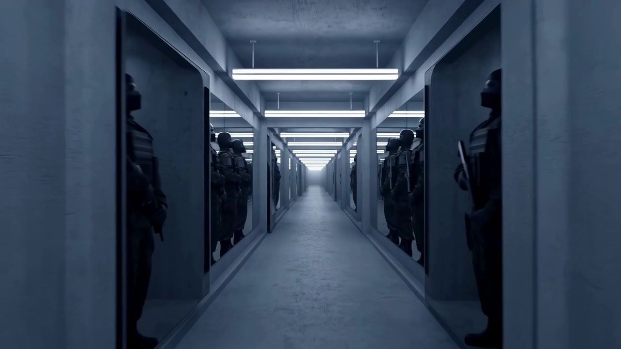 A long sterile corridor is lined with dark armored guards standing at both sides, creating a tense security scene. Bright ceiling lights lead toward a
