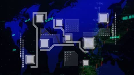 animation of network of connections and data processing over world map