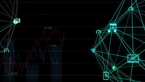 animación de redes de conexiones con iconos sobre fondo negro