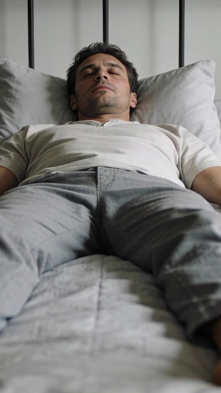 Vertical video: Waking man opening eyes lifting head on bed at home in tee pants pillow headboard