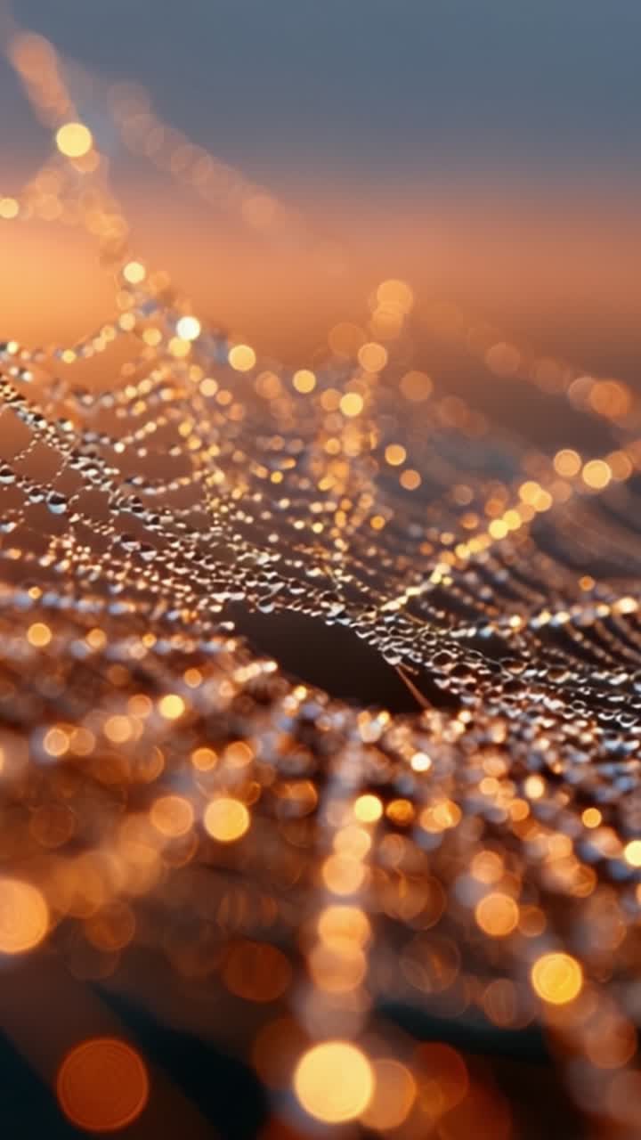 Primo piano intricato di una ragnatela ricoperta di rugiada con goccioline scintillanti sotto la morbida luce della sera, che mostra i bellissimi motivi e le texture della natura