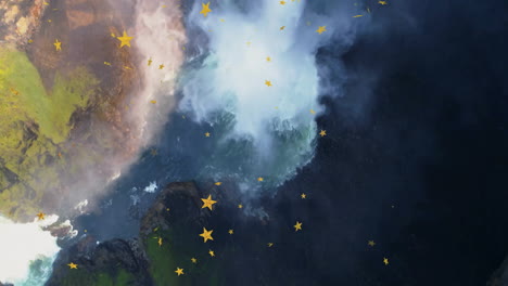 coastal seascape being animated in flat design, with crashing waves, mossy cliffs, yellow stars