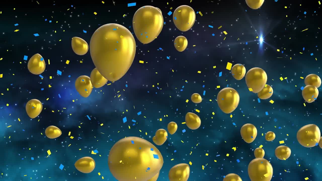 animación de confeti cayendo y globos de oro volando sobre un fondo azul