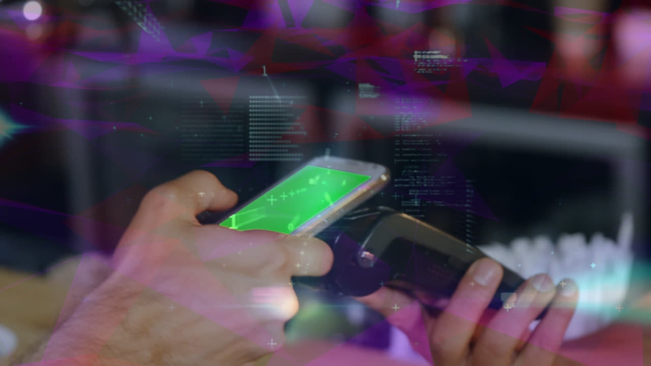 Animation of data processing over hands of caucasian man paying with smartphone with copy space