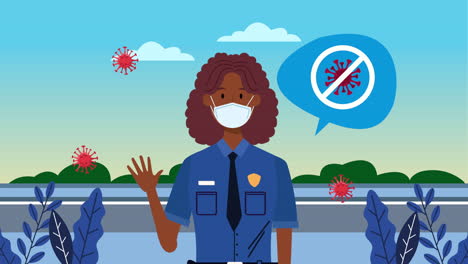 policía femenina afro con campaña de señal de detención de covid-19
