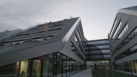 Blue-hour-shot-of-a-luxury-office-park-on-a-cloudy-day-in-Prague