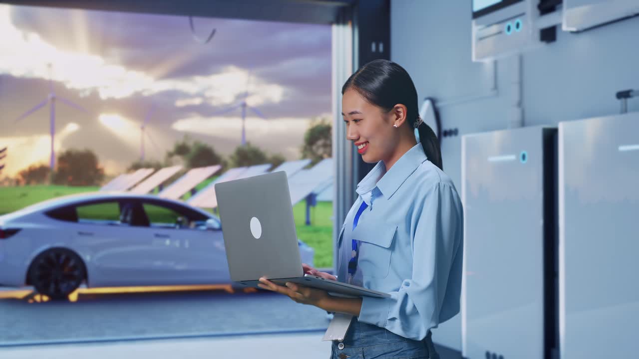 Side View Of Asian Female With Her Laptop With Home Energy Storage System In a Modern Garage, Typing On Her Laptop'S Keybaord With Meditation