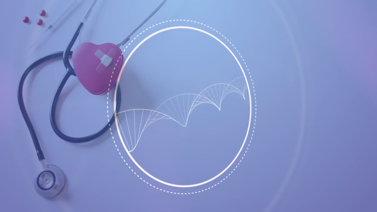 심장과 함께 스테토스코프 위에 원과 dna 가닥의 애니메이션