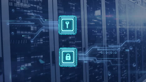 animation of digital data processing, padlock and key icons, circuit board and computer servers