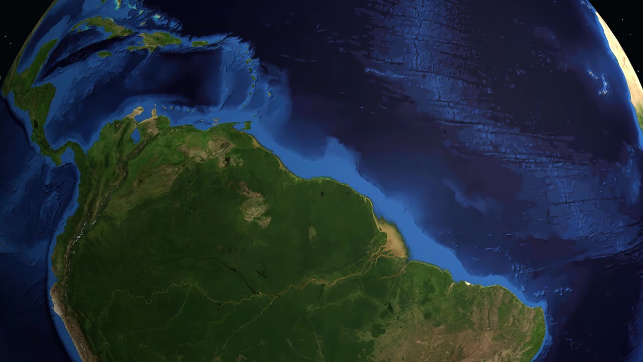 Digital globe rotates and zooms into South America, highlighting Paramaribo with a location pin