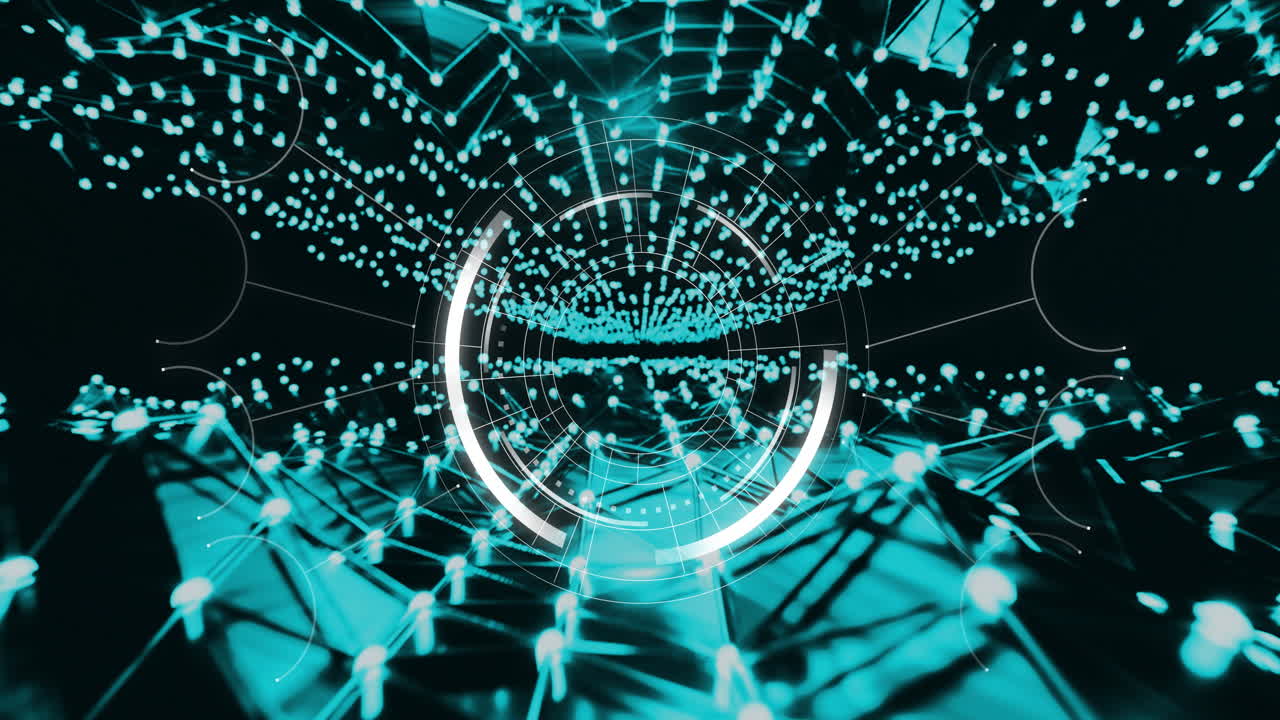 검은색 배경의 연결 네트워크를 통해 데이터 처리를 하는 범위 스캔의 애니메이션