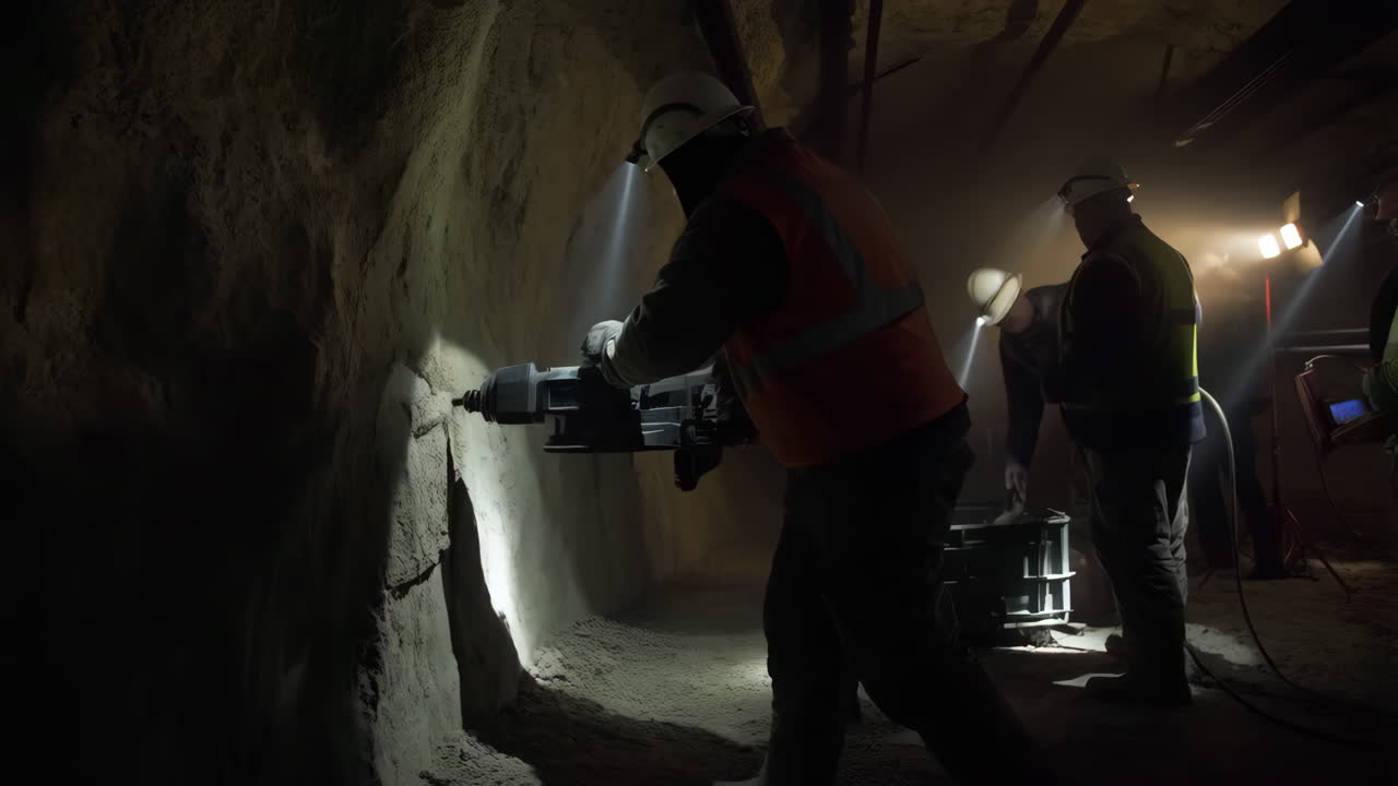 Underground Miners Operating Drilling Equipment in Dusty Tunnel