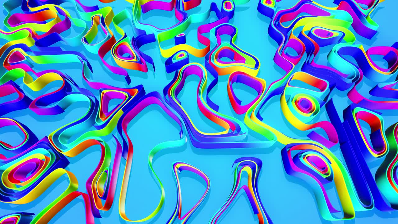 4k abstract bg with growing multicolor lines or ribbons forming curl noise on blue plane. Concept of abstract computing neural network or ai. Curved ribbons on plane. Luma matte as alpha channel