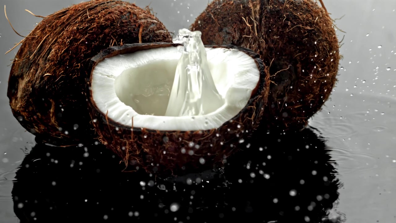 Fresh Coconut Water Poured into a Half Coconut in Slow Motion