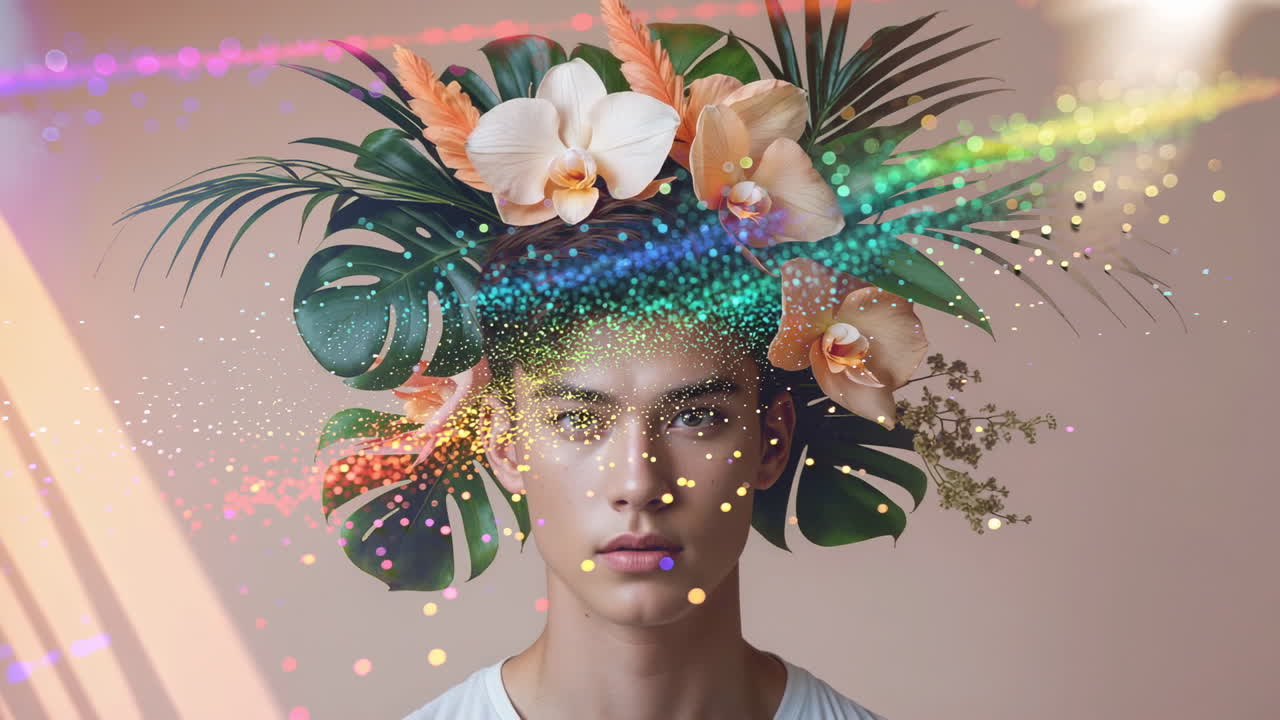 Surreal Portrait of a Man with Floral Headdress and Glowing Particles