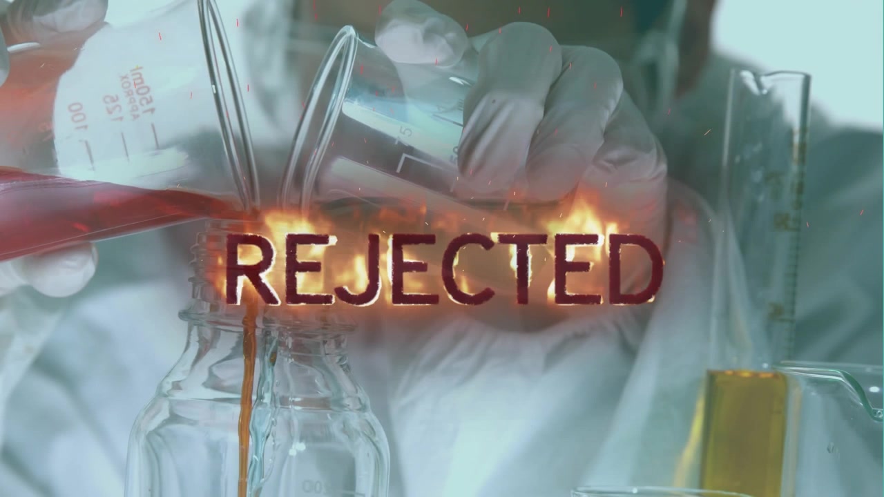 Animation of rejected text over caucasian male scientist with beakers
