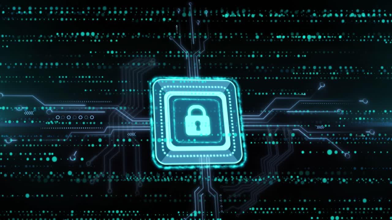 animación del icono del candado de seguridad, las conexiones del microprocesador y los senderos de luz brillante