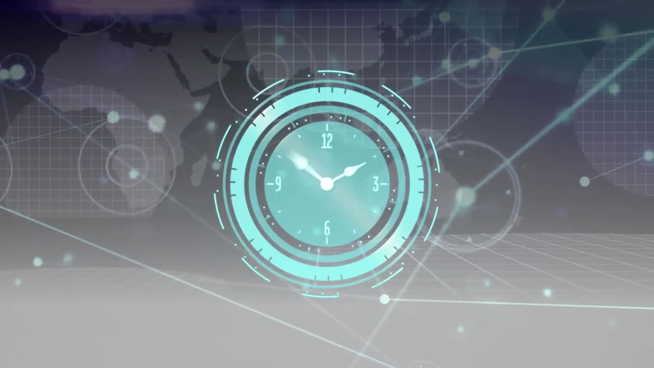 연결된 점과 회색 배경에 대한 지도 위에 디지털 시계의 애니메이션