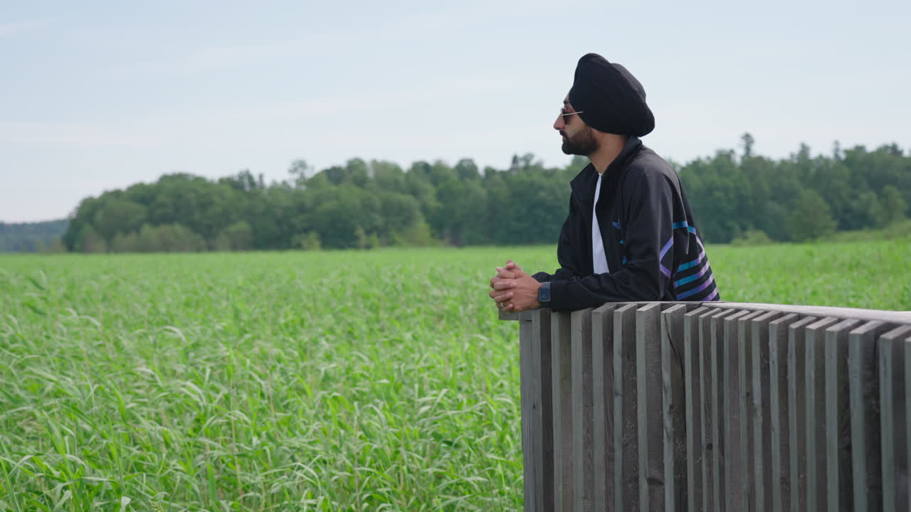 녹색 작물이 있는 들판을 바라보는 선글라스를 쓴 인도 남자