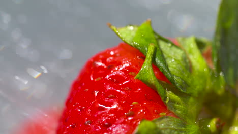 Macro-close-up-washing-a-colorful,-delicious,-ripe-strawberry-in-the-sunlight