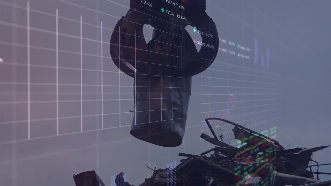 Animation of multiple graphs, trading boards, crane grabbing metal scrap and dumping it in junkyard