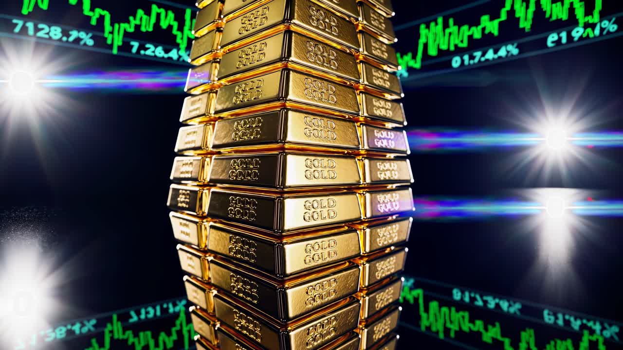 Video da angolazione bassa di lingotti d'oro impilati con grafici borsistici luminosi sullo sfondo