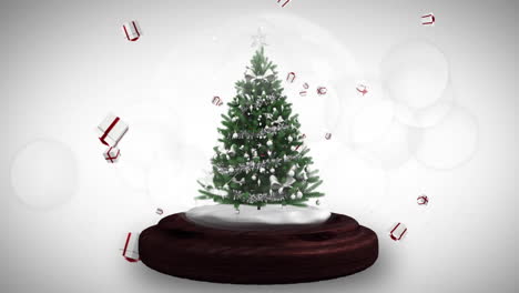 shooting star around christmas tree in a snow globe against christmas gift icons on grey background