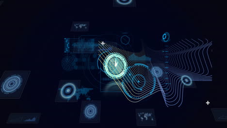 animación del reloj, escaneo de ámbitos y procesamiento de datos en pantallas con fondo oscuro
