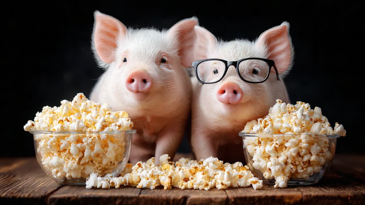 Two Adorable Pigs Enjoying a Fun Movie Night with Bowls of Popcorn, One Wearing Glasses, Showcasing Their Playful Personalities and Delightful Interaction